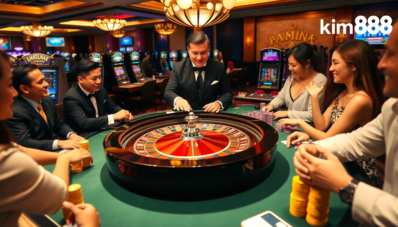 Players enthusiastically engage at the luxurious kim88 casino table, showcasing excitement and winning moments.