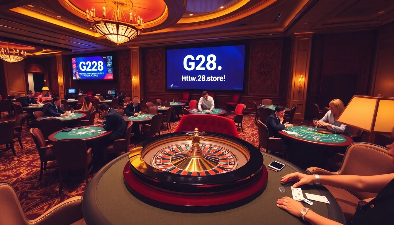 Experience thrilling games at https://g28.store/ with vibrant poker tables and a roulette wheel.