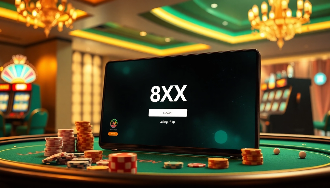 Gambling interface showcasing 8XX đăng nhập with poker chips and slots, symbolizing excitement.