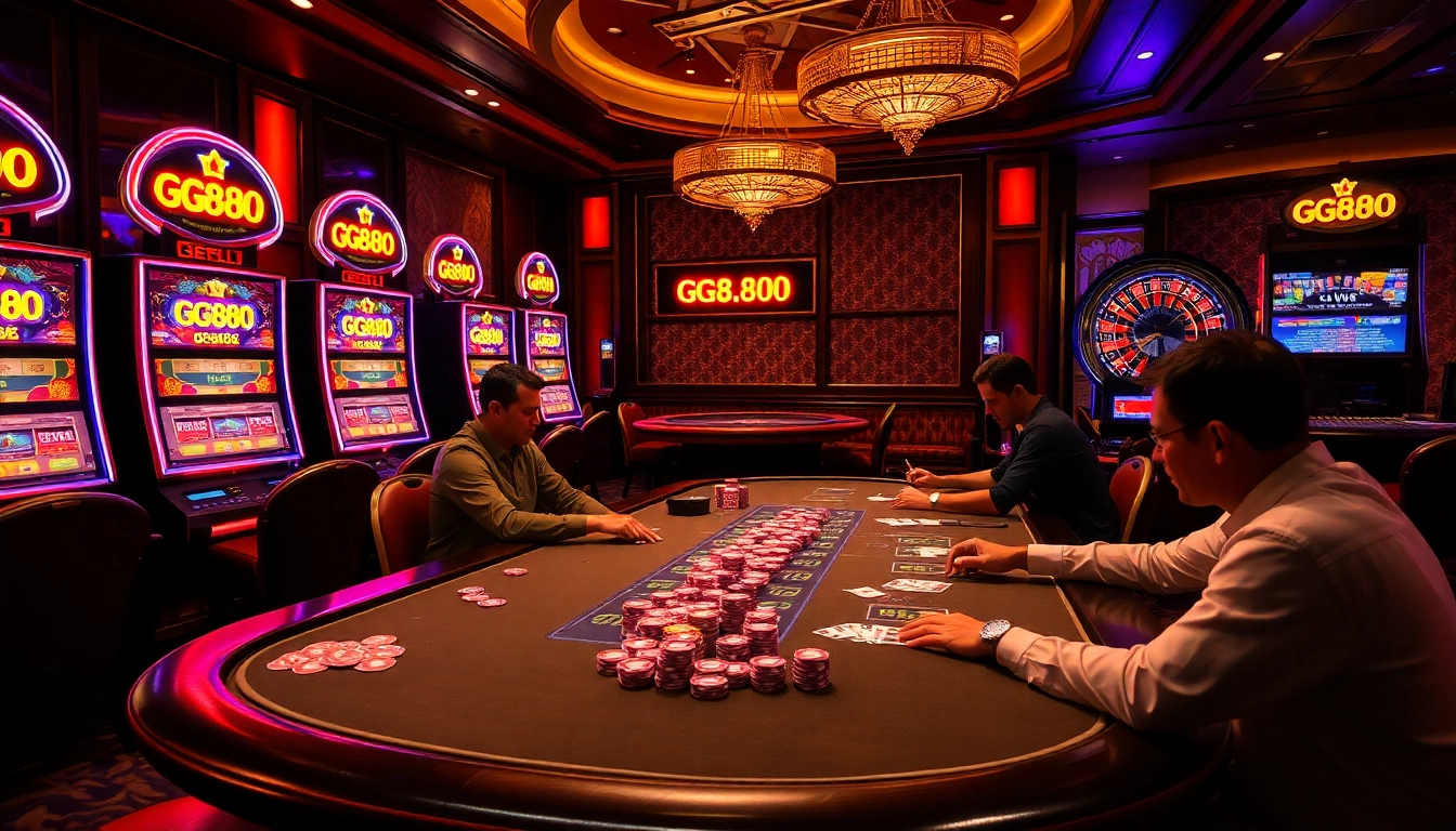 Experience the thrill of GG888 with players at a luxurious poker table in a vibrant casino.