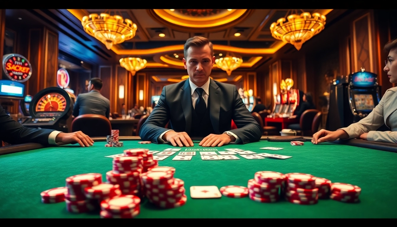 High-stakes poker scene at sx88 casino featuring glamorous dealer and vibrant atmosphere.