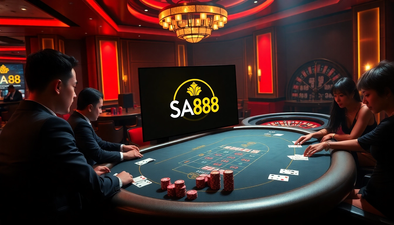 Gamblers enjoying the thrill of high-stakes poker at SA88 casino.