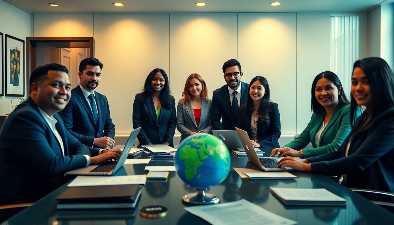 US immigration law firm team collaborating with clients in a professional office