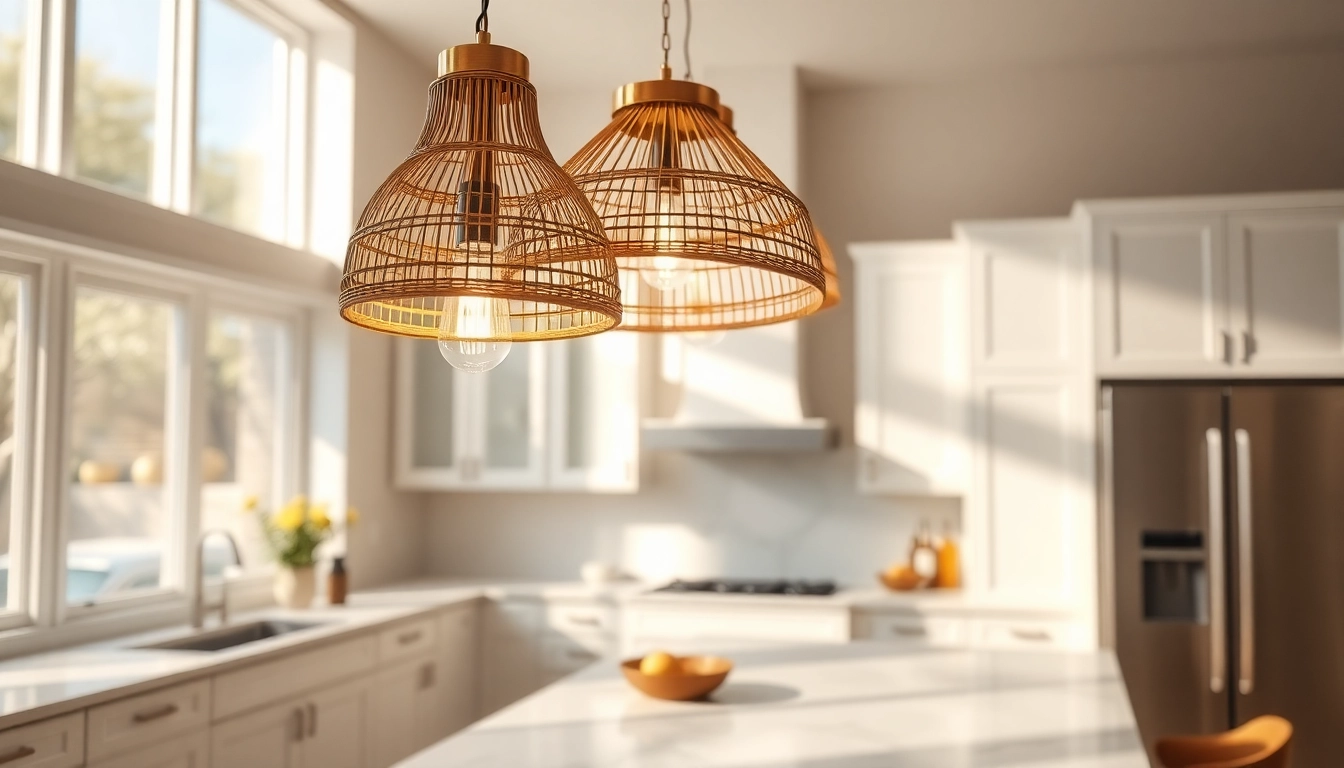 Bright island light fixture illuminating a stylish modern kitchen space.