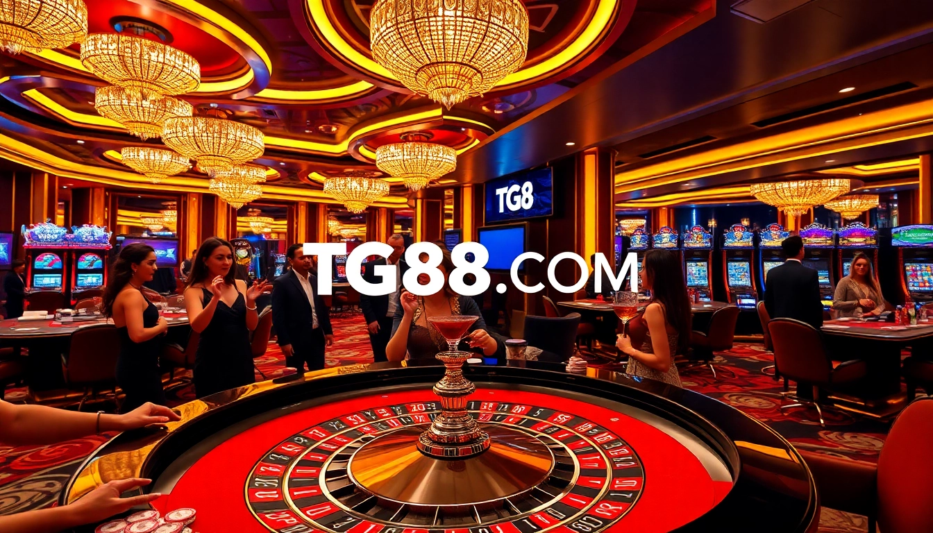 Exciting casino action at TG88 .COM featuring a roulette table and players engaging in high-stakes games.