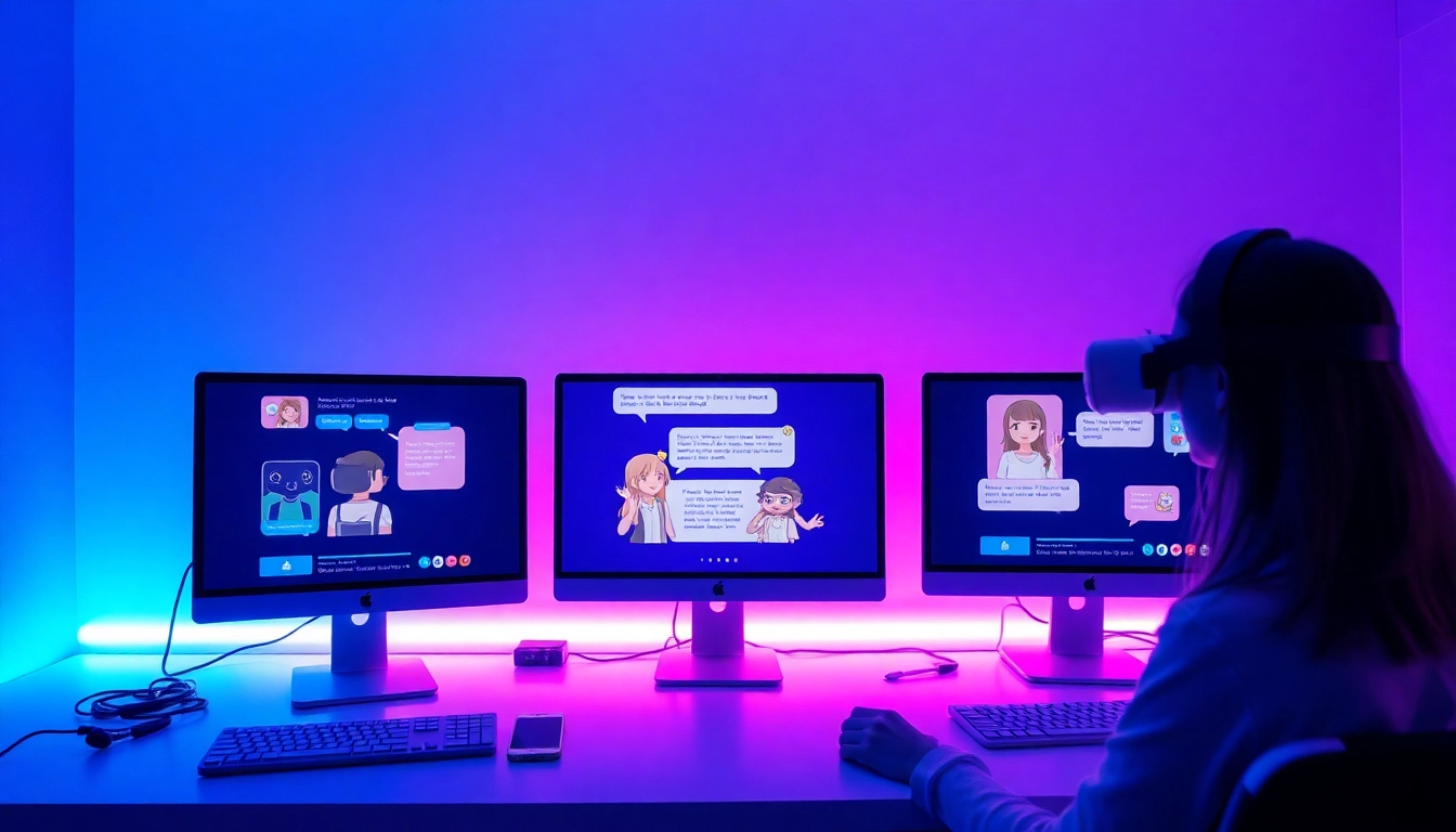 Interactive NSFW chat AI scene featuring engaging character dialogues and futuristic tech elements.