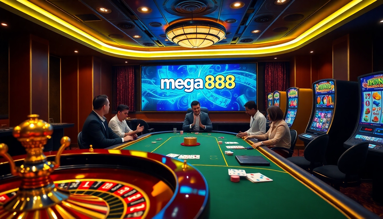 Experience mega888 gaming excitement with a vibrant casino atmosphere filled with action and luxury.