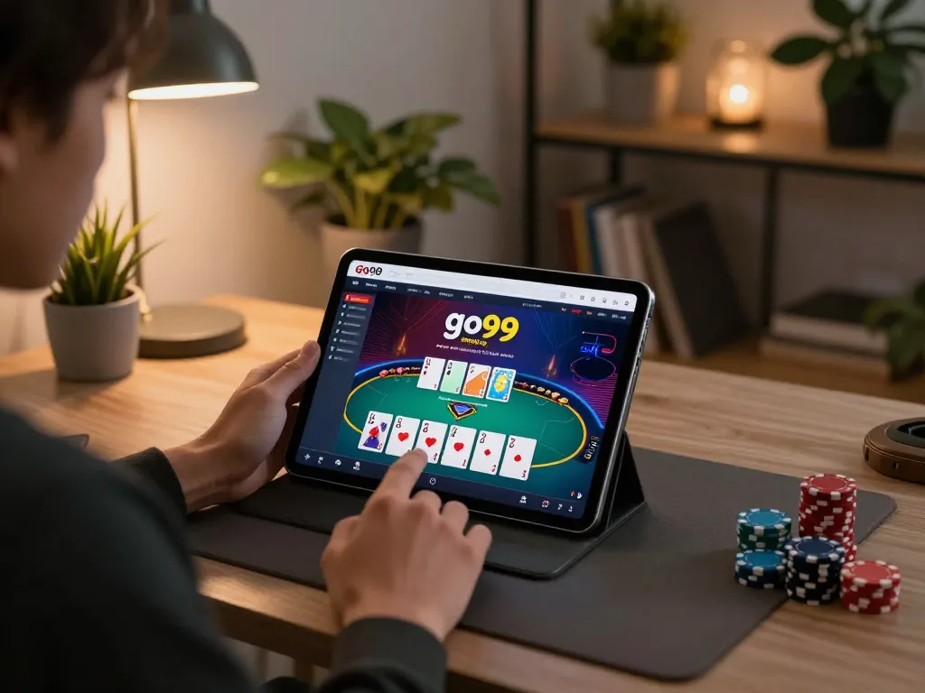 Engaging in strategic gameplay on trang chủ go99 with a tablet in cozy home environment