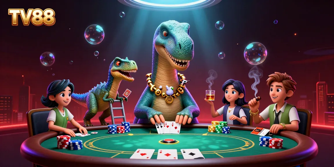 Engage in thrilling gameplay at TV88 with a lively 3D cartoon casino scene featuring vibrant poker action.