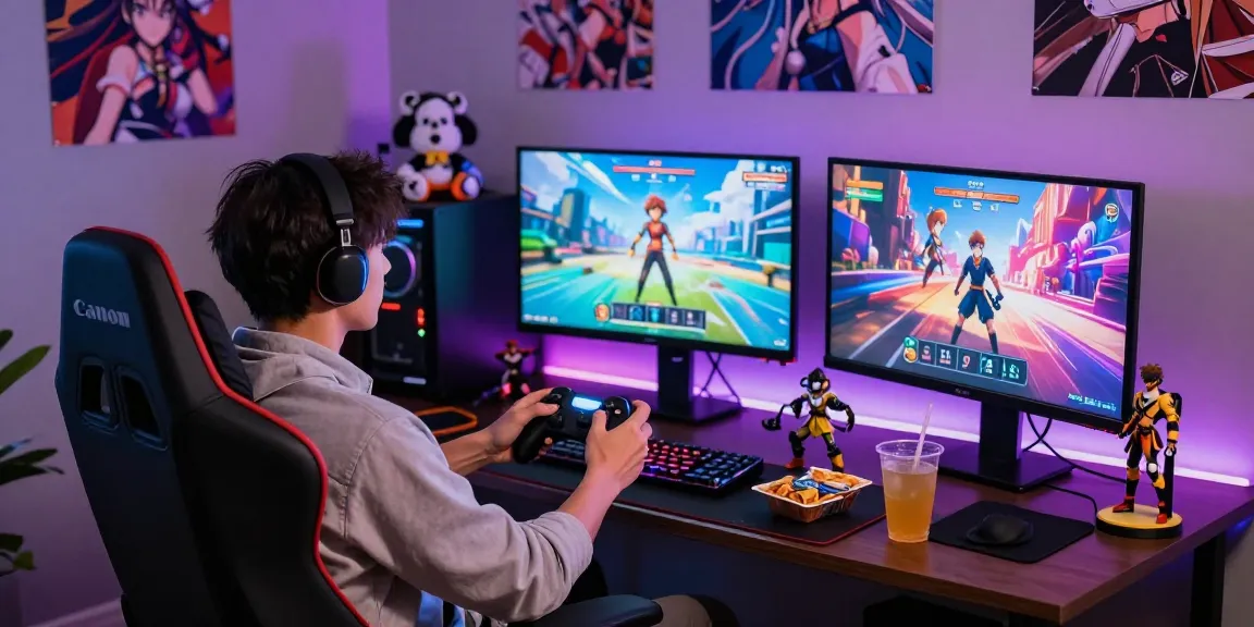 Engaged gamer playing a hentai game in a stylish gaming room with vibrant anime graphics.