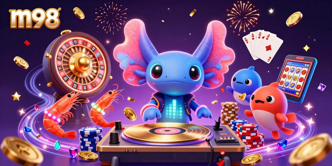 Experience thrill and fun at m98 with vibrant casino energy illustrated in a sea of gold coins.