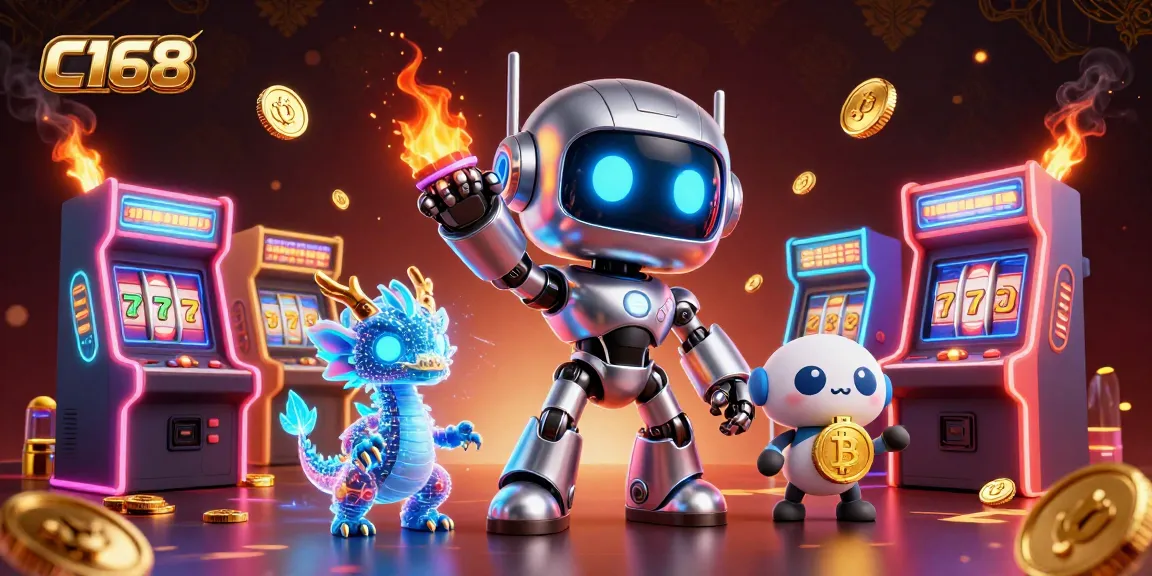 C168 offers an exciting gaming experience featuring a cyberpunk mascot, vibrant slot machines, and immersive casino elements.