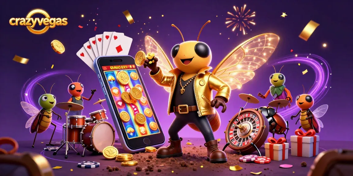 Experience the thrill of crazyvegas with a dynamic 3D illustration of a cicada rock star and lively game elements.