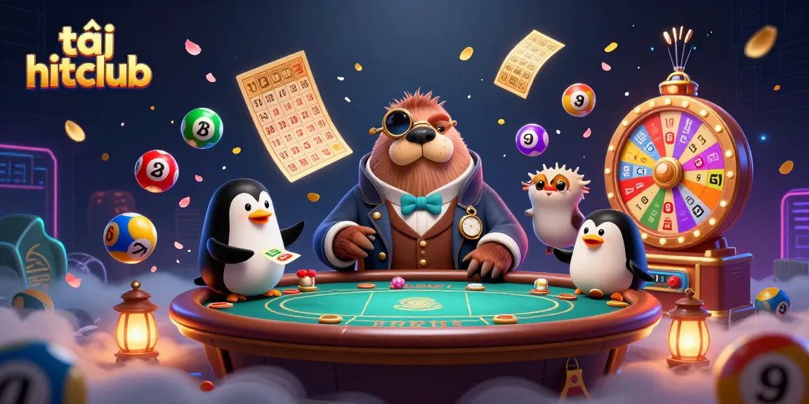 Play exciting games at tải hitclub with a vibrant illustration of a walrus, penguin dealer, and pufferfish!